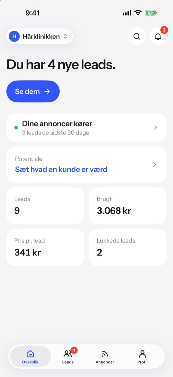 Min Webpartner-appen: overblik over leads og annoncer, med fiktive tal