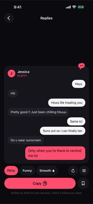 Screen from the Rizzpond app with a suggested reply